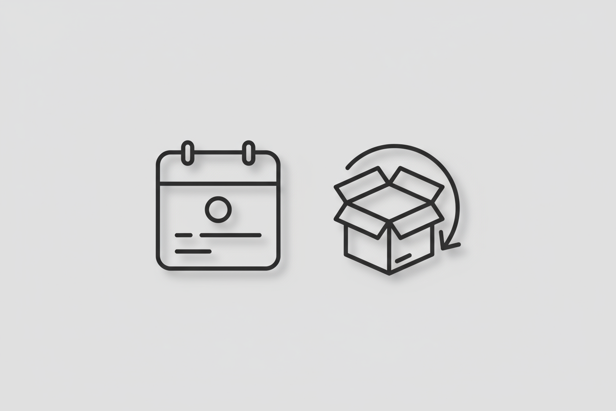 A minimalist calendar or parcel-return illustration.
Background: soft gray or white.